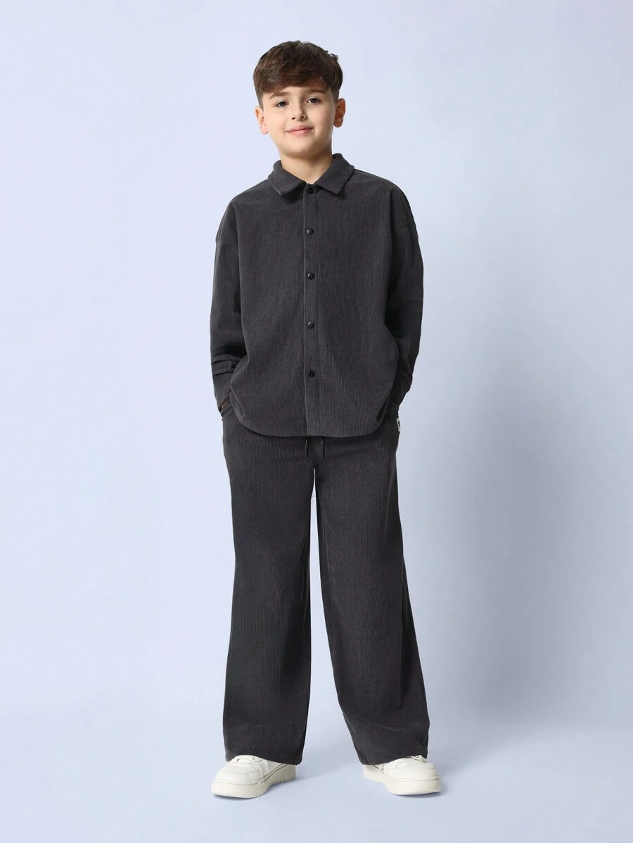 SUMWON Tween Boys Comfy Regular Fit Corduroy Long Sleeve Shirt & Wide Leg Sweatpants 2 Piece Set