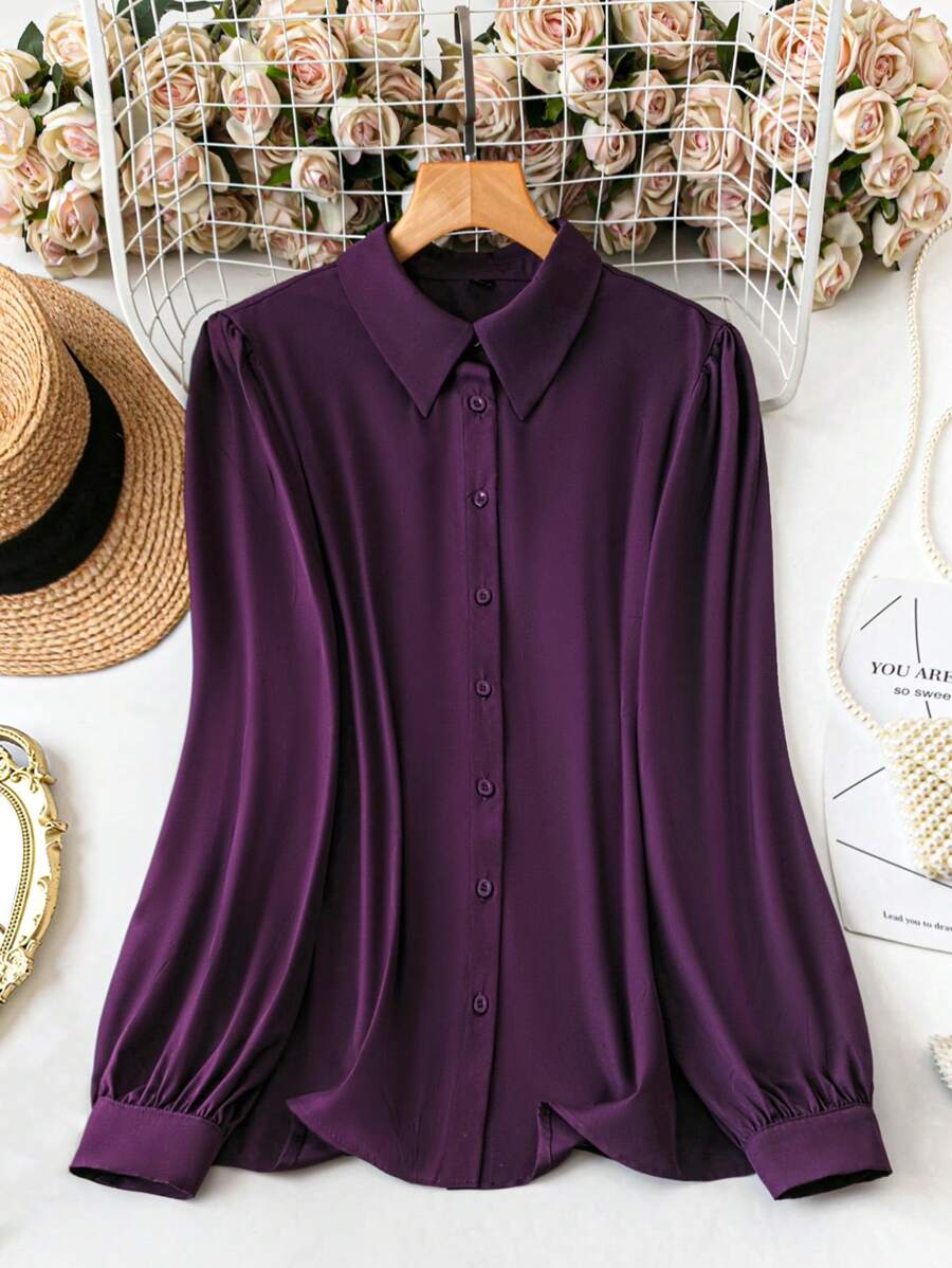 SHEIN LUNE Women Fashion Simple Solid Color Polo Collar Single-Breasted Cardigan, Elegant Commuting All-Match Lantern Long Sleeve Shirt In Purple