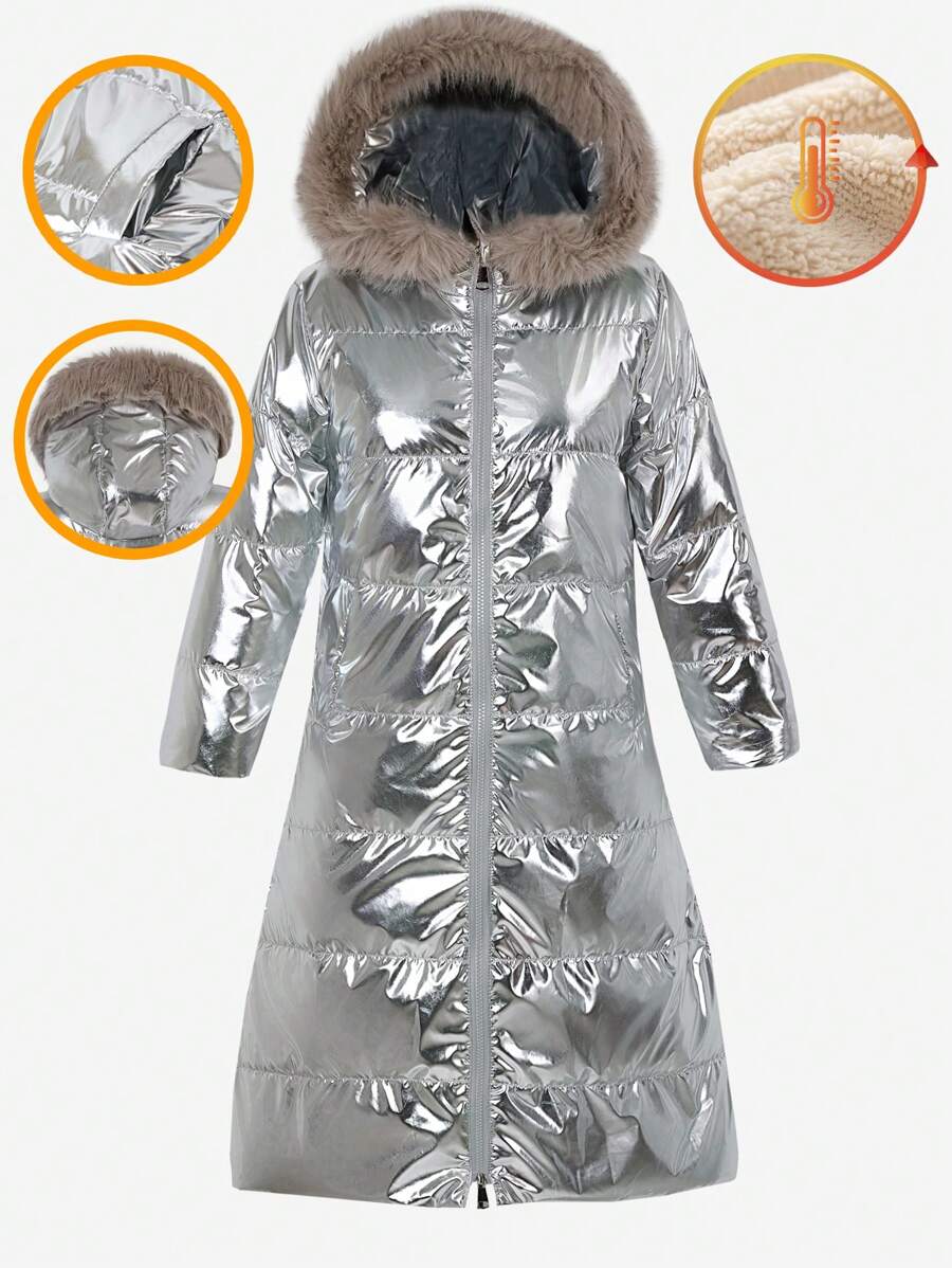 Tween Girl Silver Plush Hat Padded Coat