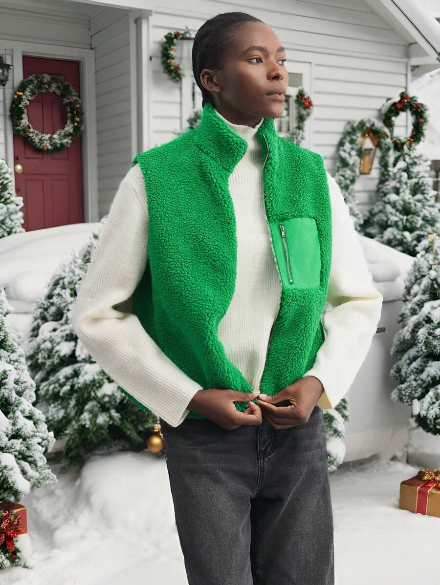 Maija Women Green Solid Color Fluffy & Teddy Sherpa Front Zipper Sleeveless Patchwork Collar Christmas Outerwear Casual Vest