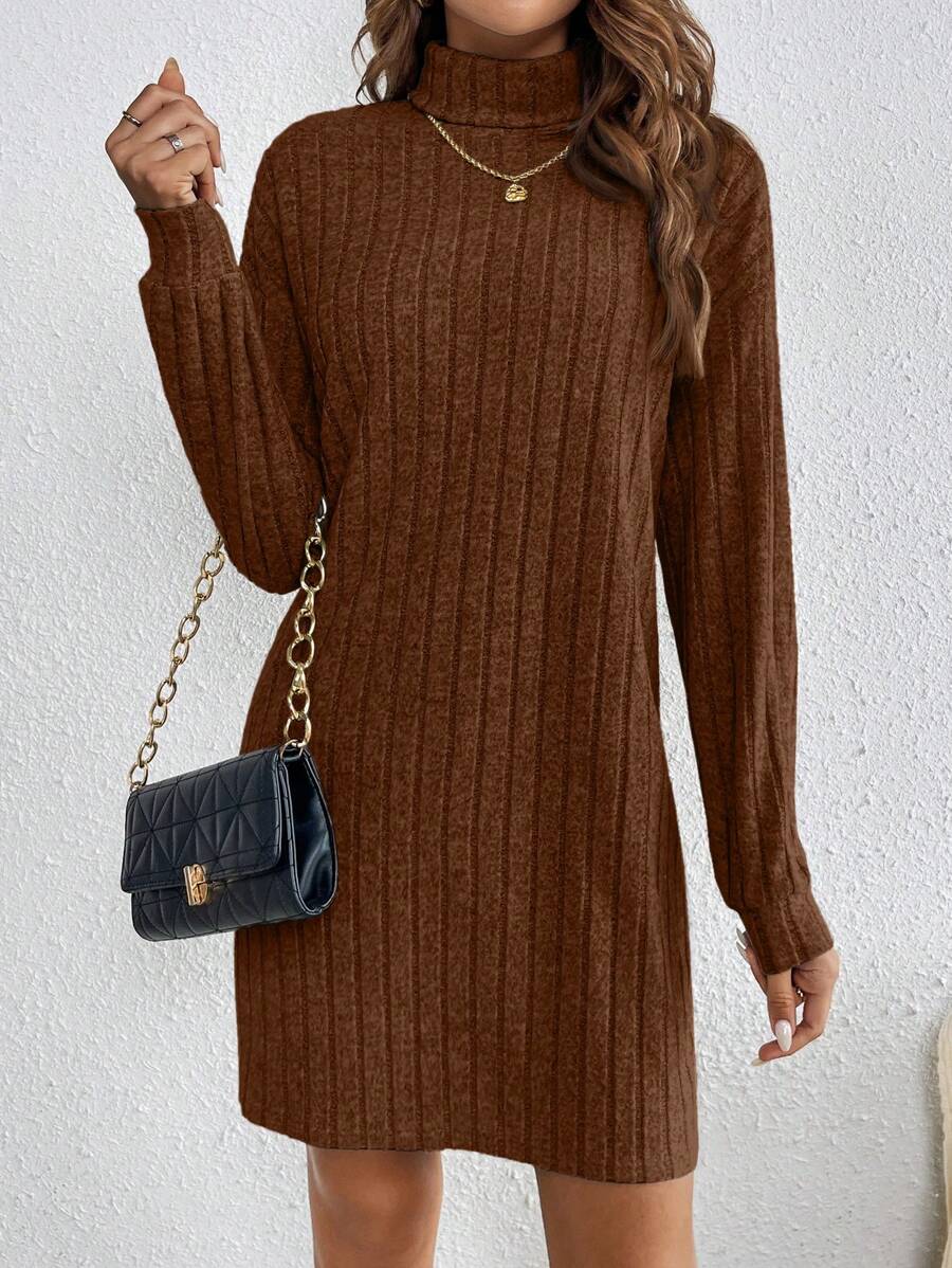 SHEIN Frenchy Solid Color High Neck Long Sleeve Textured Fabric Dress
