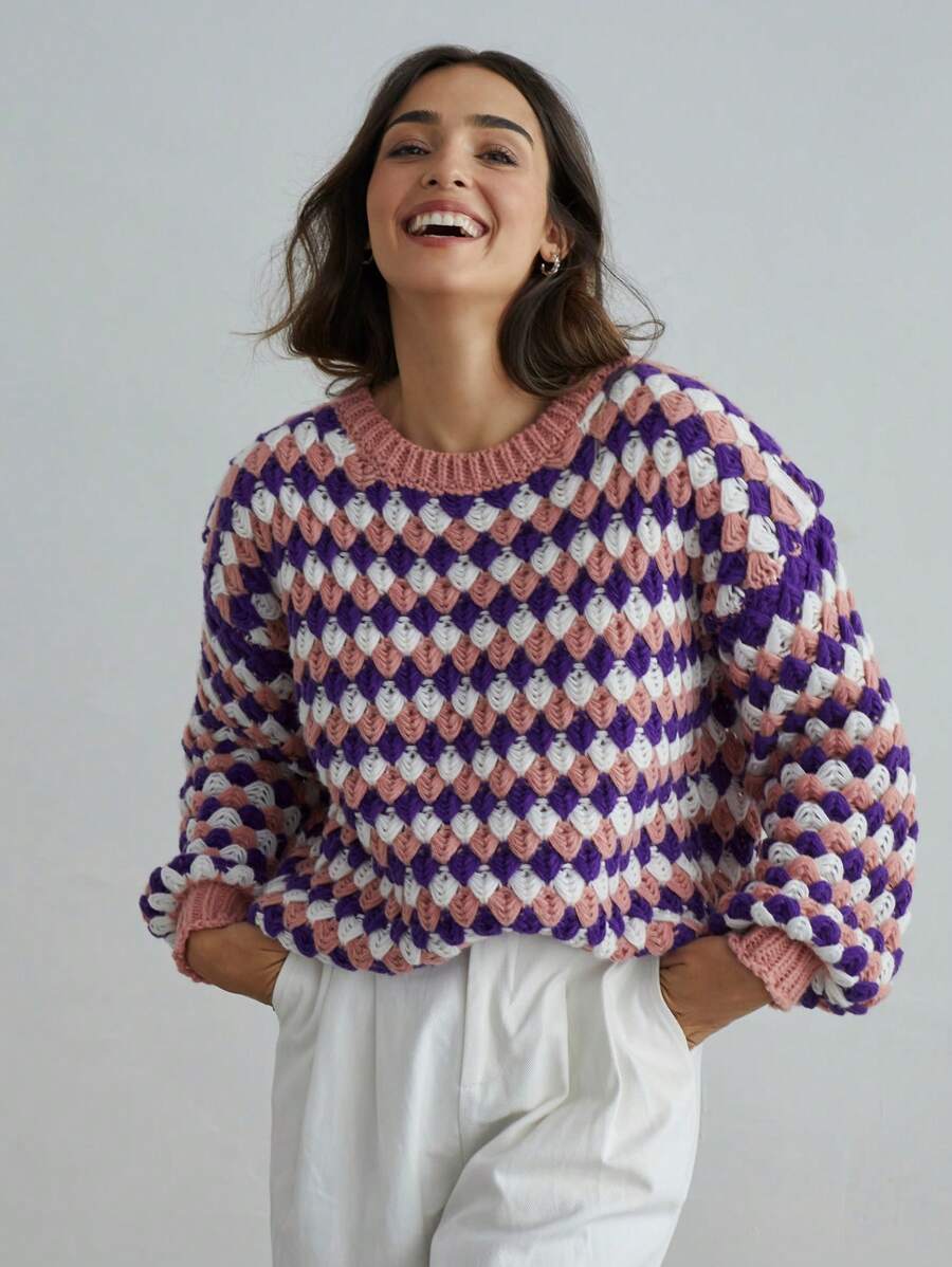 SHEIN X Angie Costa Chiquease Women's Round Neck Long Sleeve All-Over Print Casual Loose Sweater
