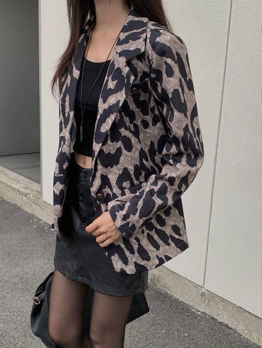INAWLY Women's Autumn Winter Leopard Print Lapel Neck Long Sleeve Single-Breasted Casual Jacket