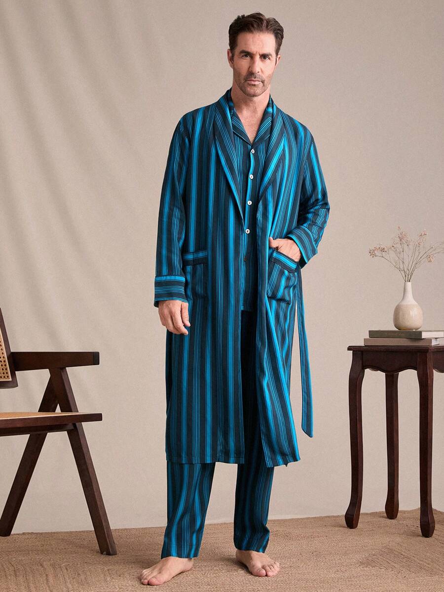 SHEIN EverLounge Men's Striped Print Pocket Tie-Waist Long Sleeve Bathrobe