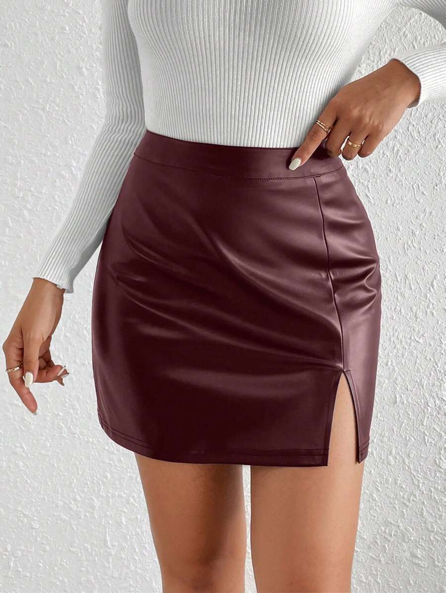 SHEIN Frenchy Split Hem PU Bodycon Mini Black Skirt,New Years Women Outfit,Valentine's Day