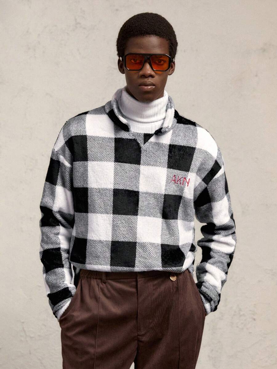 AKNOTIC Party Camisa polo de manga larga con cuello vuelto, ajuste delgado, de punto y a cuadros, adecuada para el otoño