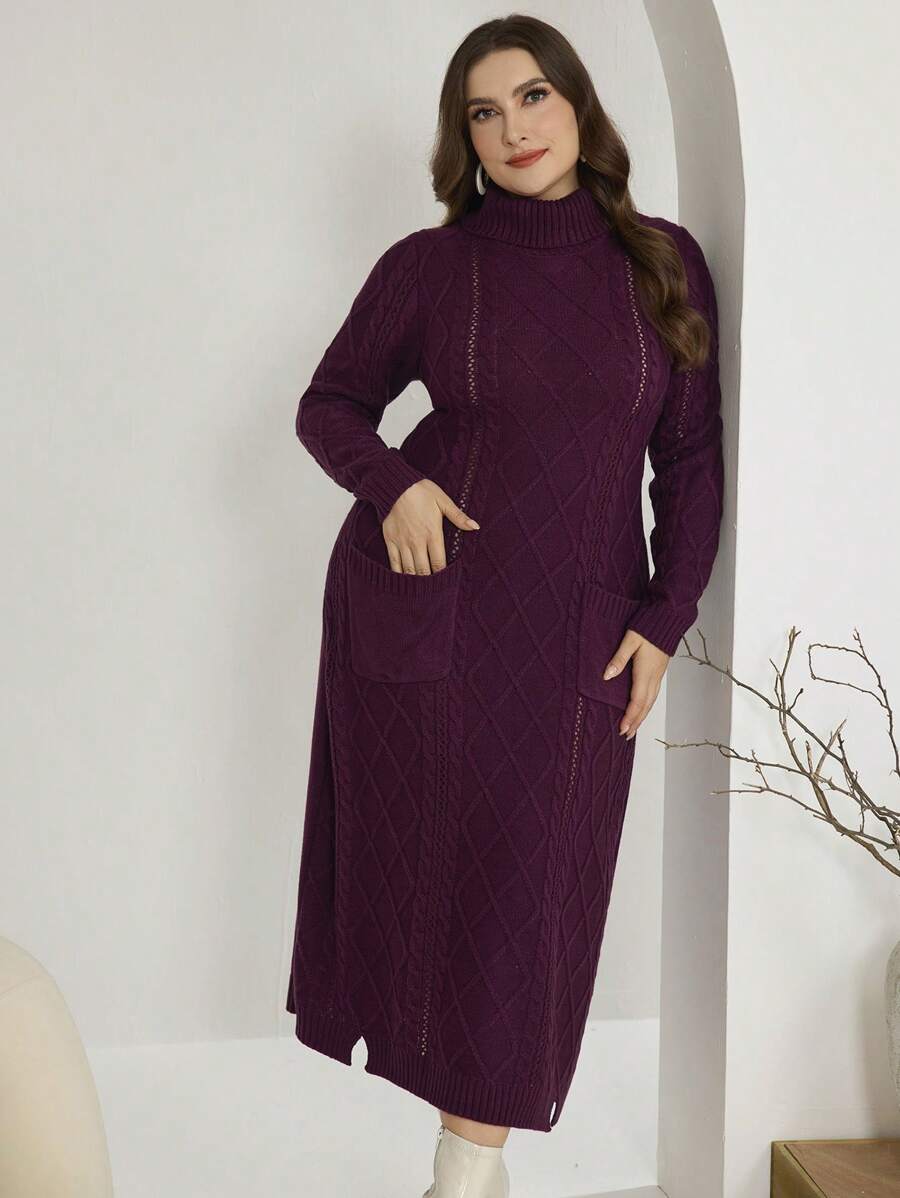 Mulvari Plus Size Fall Casual Simple Elegant Double Pocket Sweater Dress