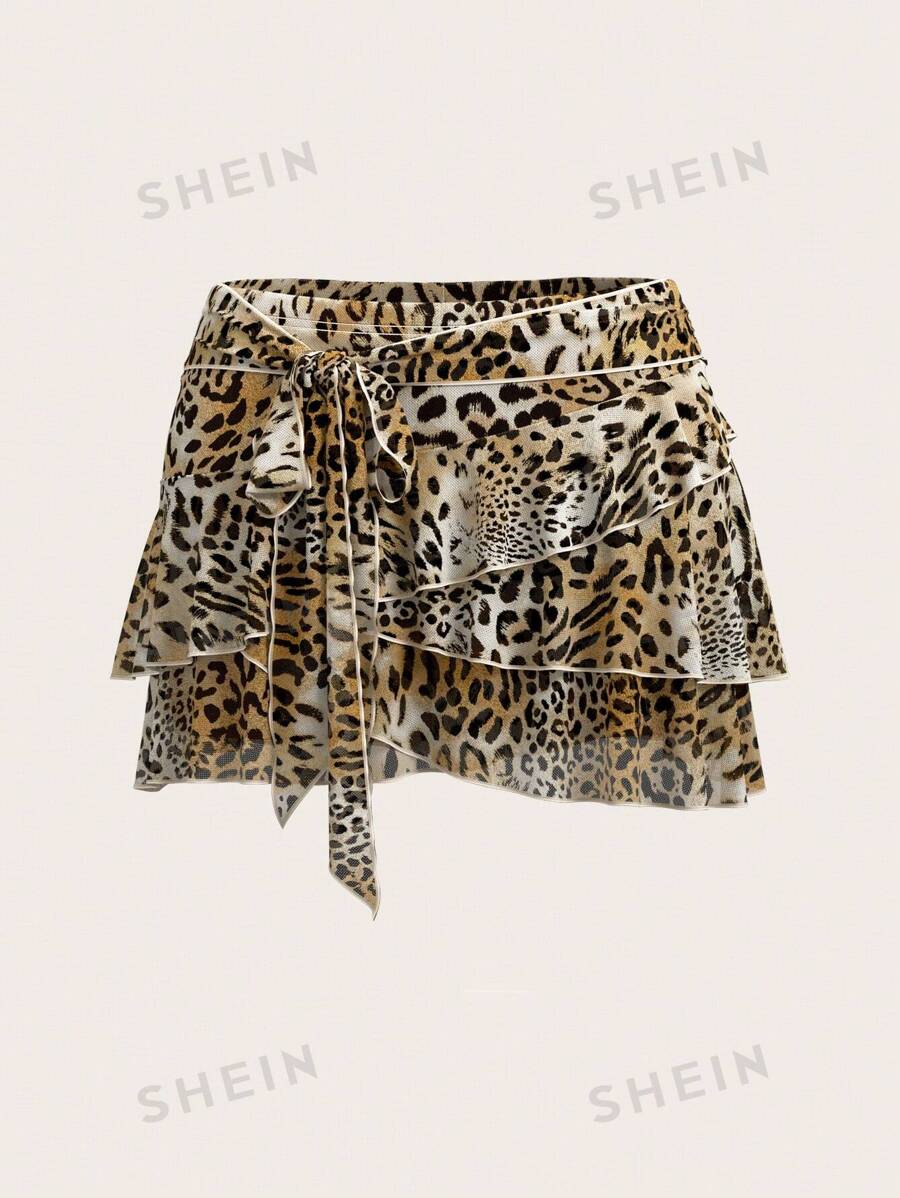 SHEIN ICON Minifalda de malla con estampado de leopardo, volante con bajo y cintura baja