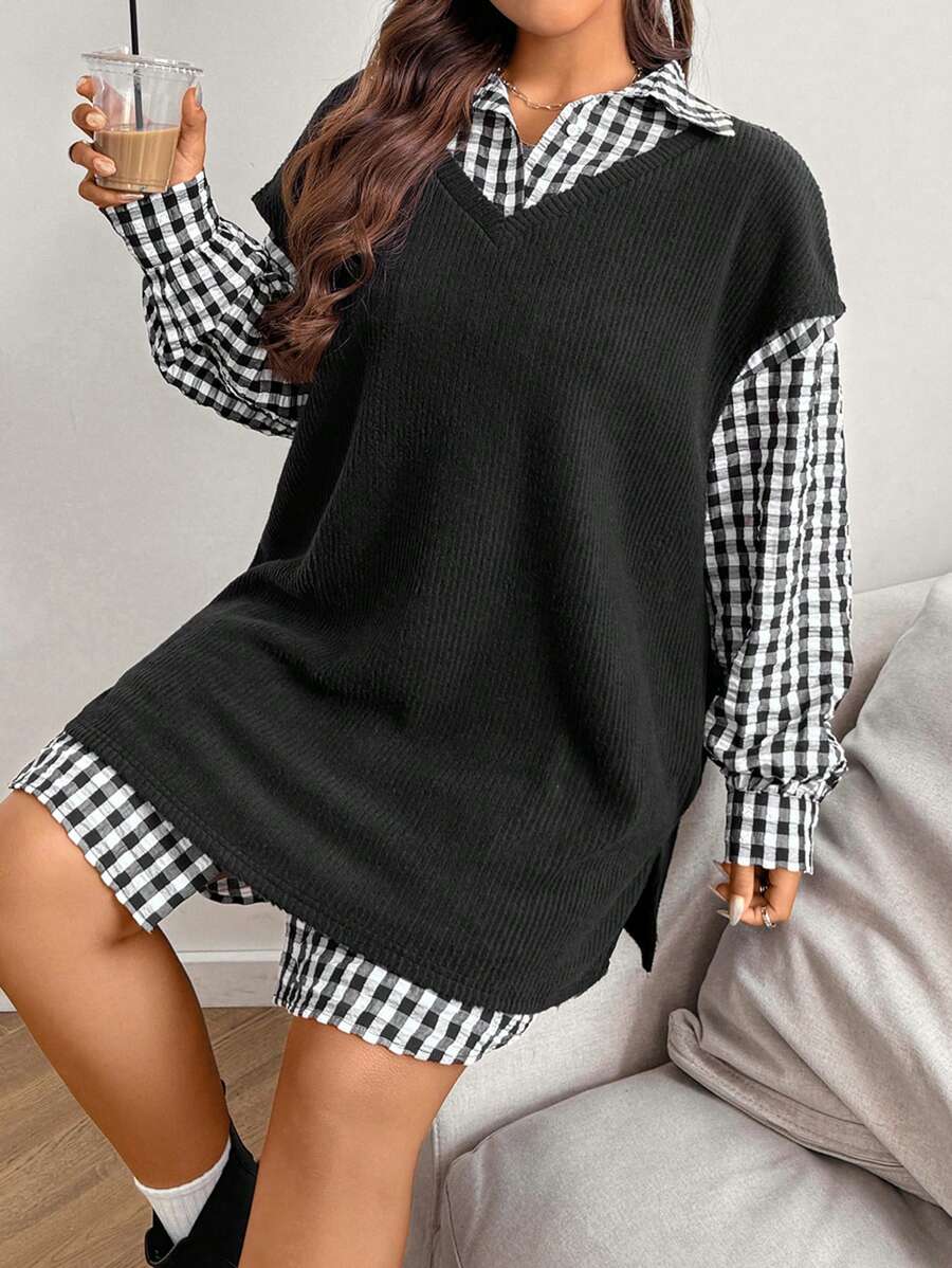 SHEIN EZwear Plus Size 2pcs/Set Plaid Print Dress And Vest Suit For Casual Daily Wear, Autumn