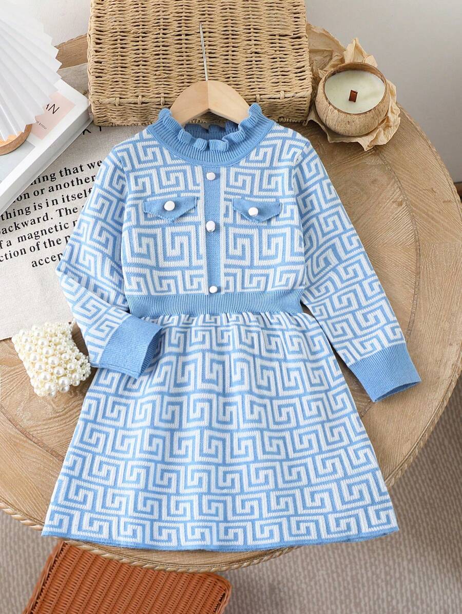 SHEIN Young Girl Blue & White Round Neck Knit Sweater Dress, Suitable For Parties And Gatherings, Autumn/Winter