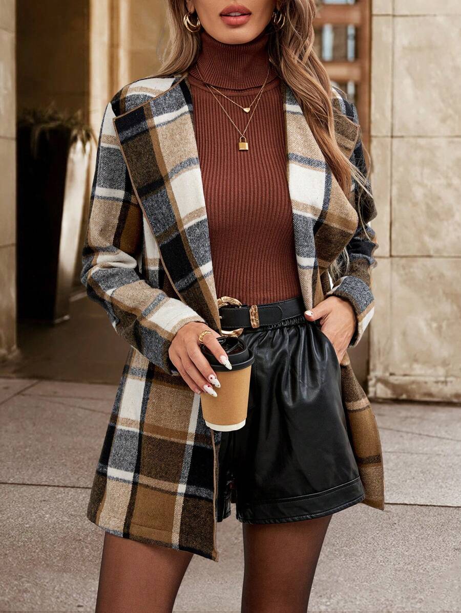 SHEIN Clasi Women's Brown Khaki Plaid Cardigan Sweater Jacket, Fashionable Outerwear For Winter