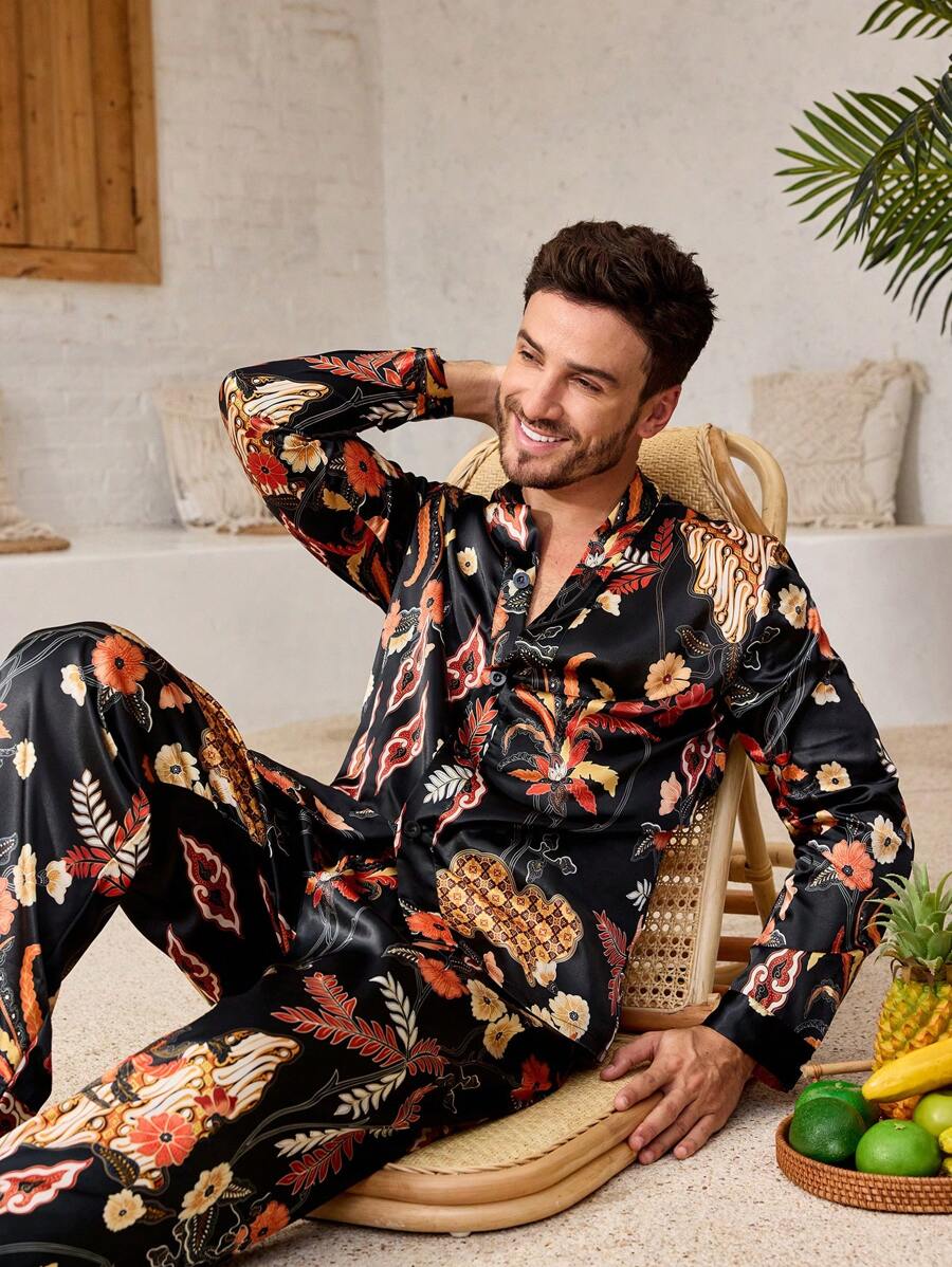 Manfinity ChillVibe Conjunto de pijama con blusa de manga larga y pantalones con botones delanteros y estampado floral