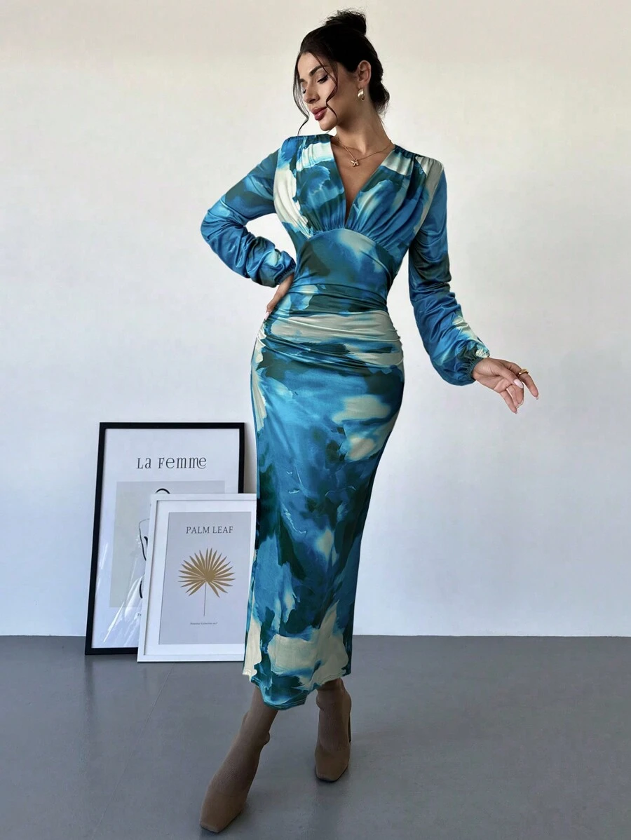 Firerie Robe ajustée élégante avec manches lanternes, col en V, taille froissée et imprimé tie-dye pour femmes