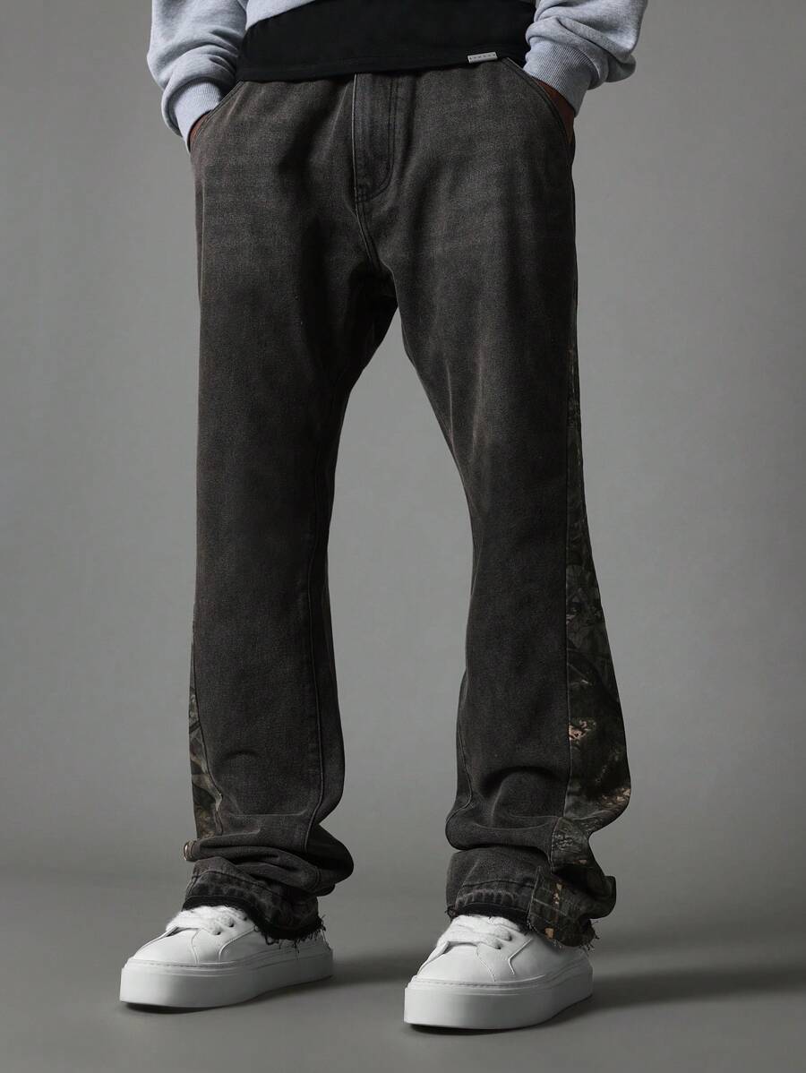 SUMWON Loose Flare Fit Jean With Camouflage Printed Panel
