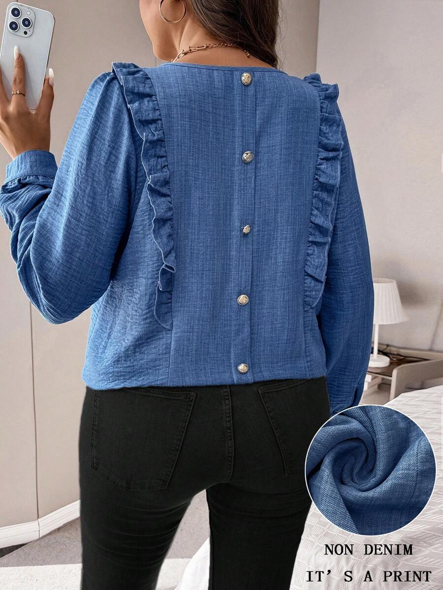 SHEIN LUNE Plus Size Herfst Casual Shirt Met Ruche Rand En Knoopdecoratie