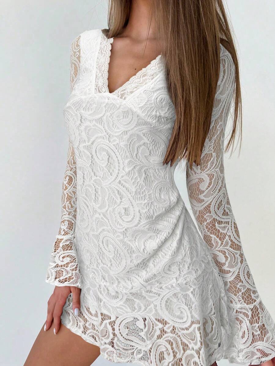 Aloruh Robe longue à manches longues avec dentelle contrastante, pour l'automne