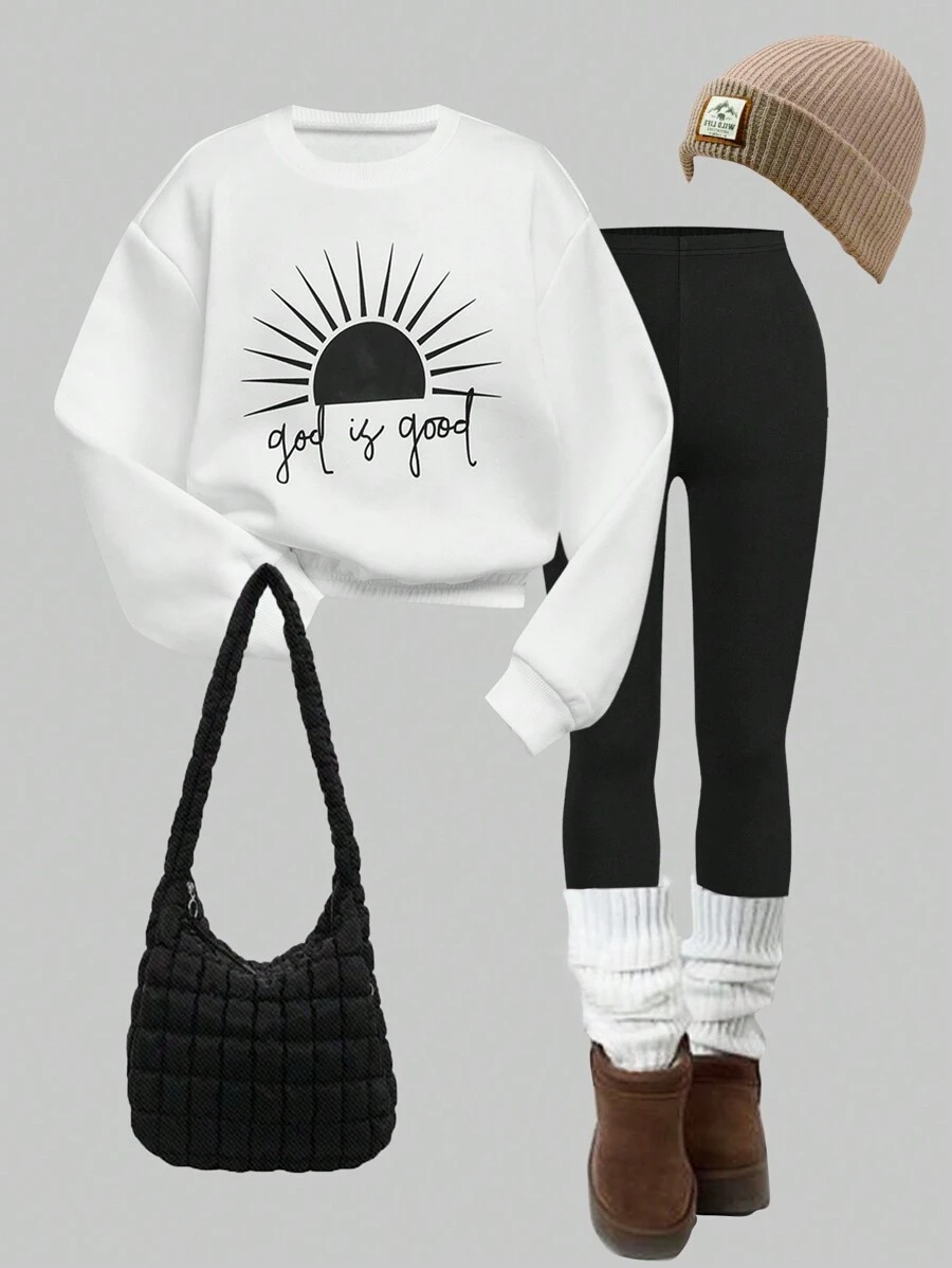 Set de 2 piezas: Sudadera cuello redondo con estampado de letras y sol + Leggings negros para niña preadolescente