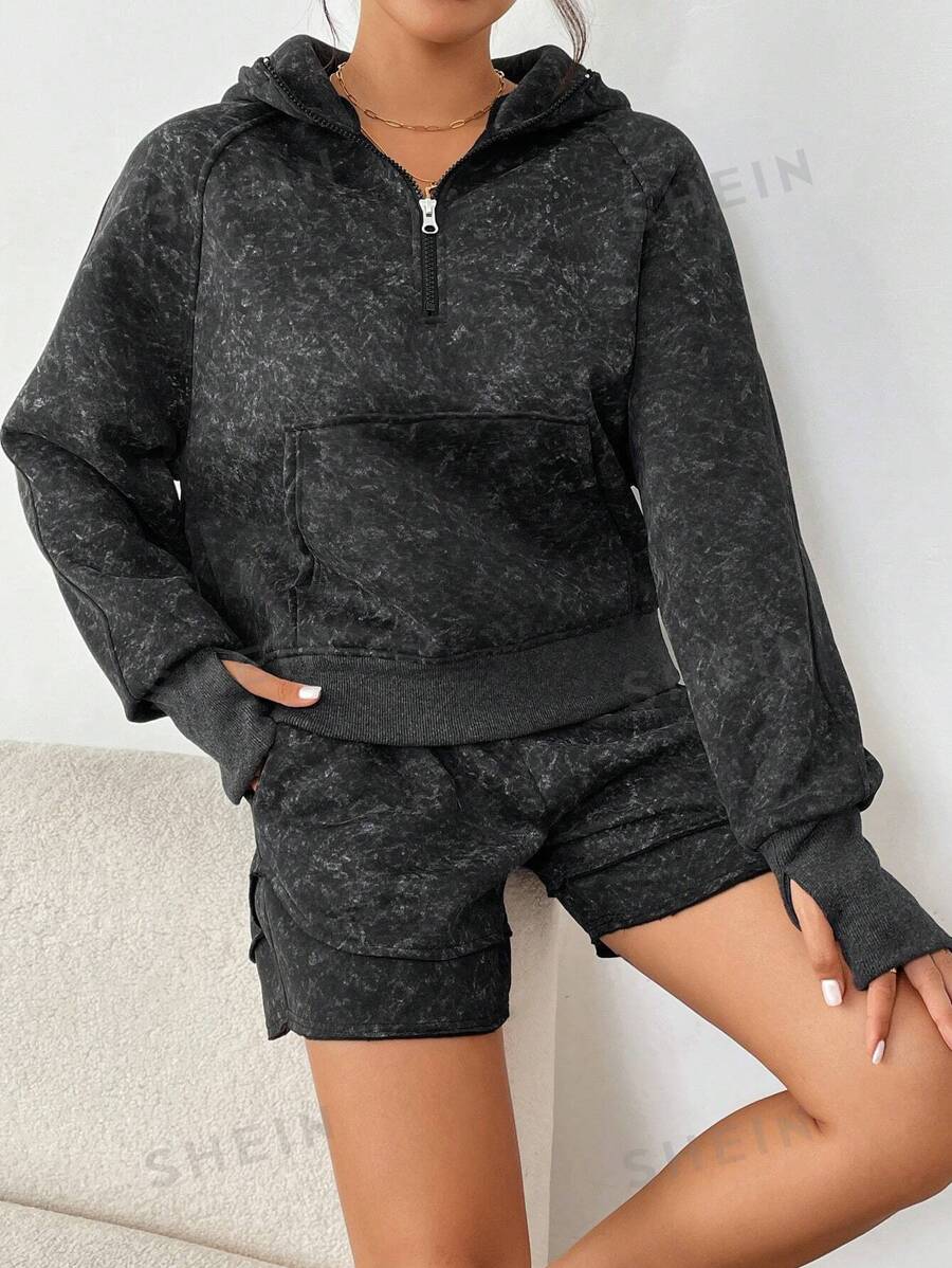 SHEIN LUNE Chaqueta con capucha con cremallera y bolsillos talla grande pantalones cortos acolchados en 2 piezas, elaborados con tejido suave texturizado con copos de nieve, cómodos para uso casual, deportivo y en casa durante otoño/invierno para mujer
