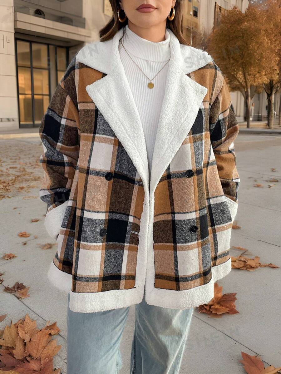 SHEIN Essnce Abrigo holgado a cuadros cálido de talla grande para mujeres en otoño e invierno, ropa de mujer de invierno, abrigos térmicos para tiempo frío, prendas de vestir para clima frío