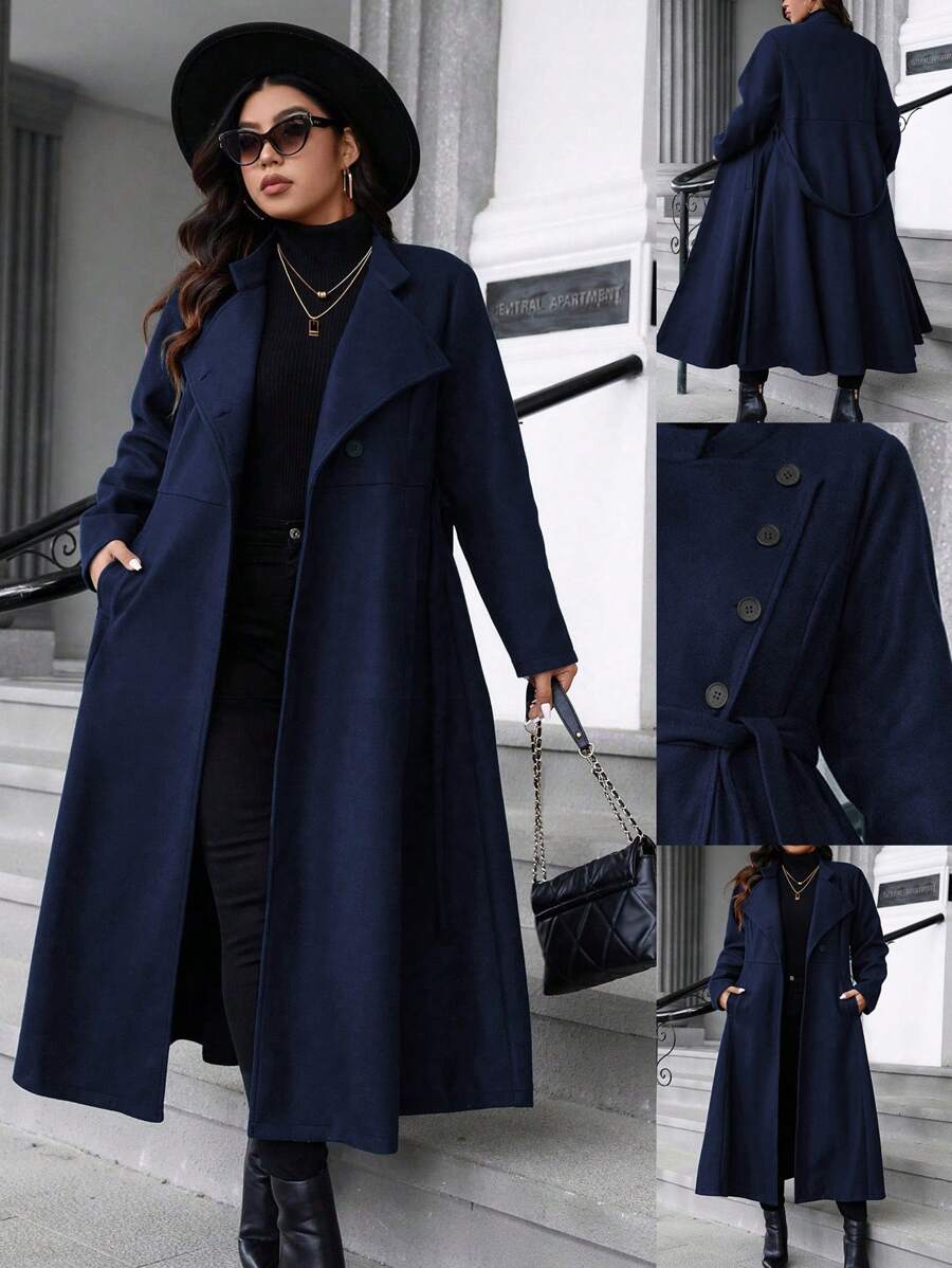SHEIN LUNE Plus Size Women Elegant Solid Color Big Lapel Button Belted Long Overcoat For Autumn/Winter