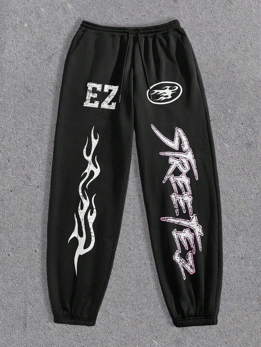 Manfinity VCAY Men Letter & Flame Print Drawstring Waist Loose Fit Knit Sweatpants Going Out Baggy Black Sweatpants, For Husband, Boyfriend Gifts