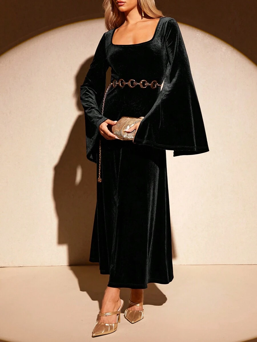 SHEIN Clasi Women's Autumn/Winter Elegant Fashion Versatile V-Neck Velvet Dress