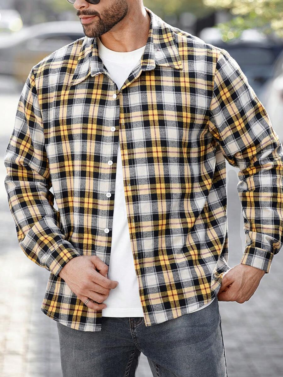 Manfinity Homme Camisa casual de manga larga de un solo pecho a cuadros, talla grande, para hombre, para otoño, para salir