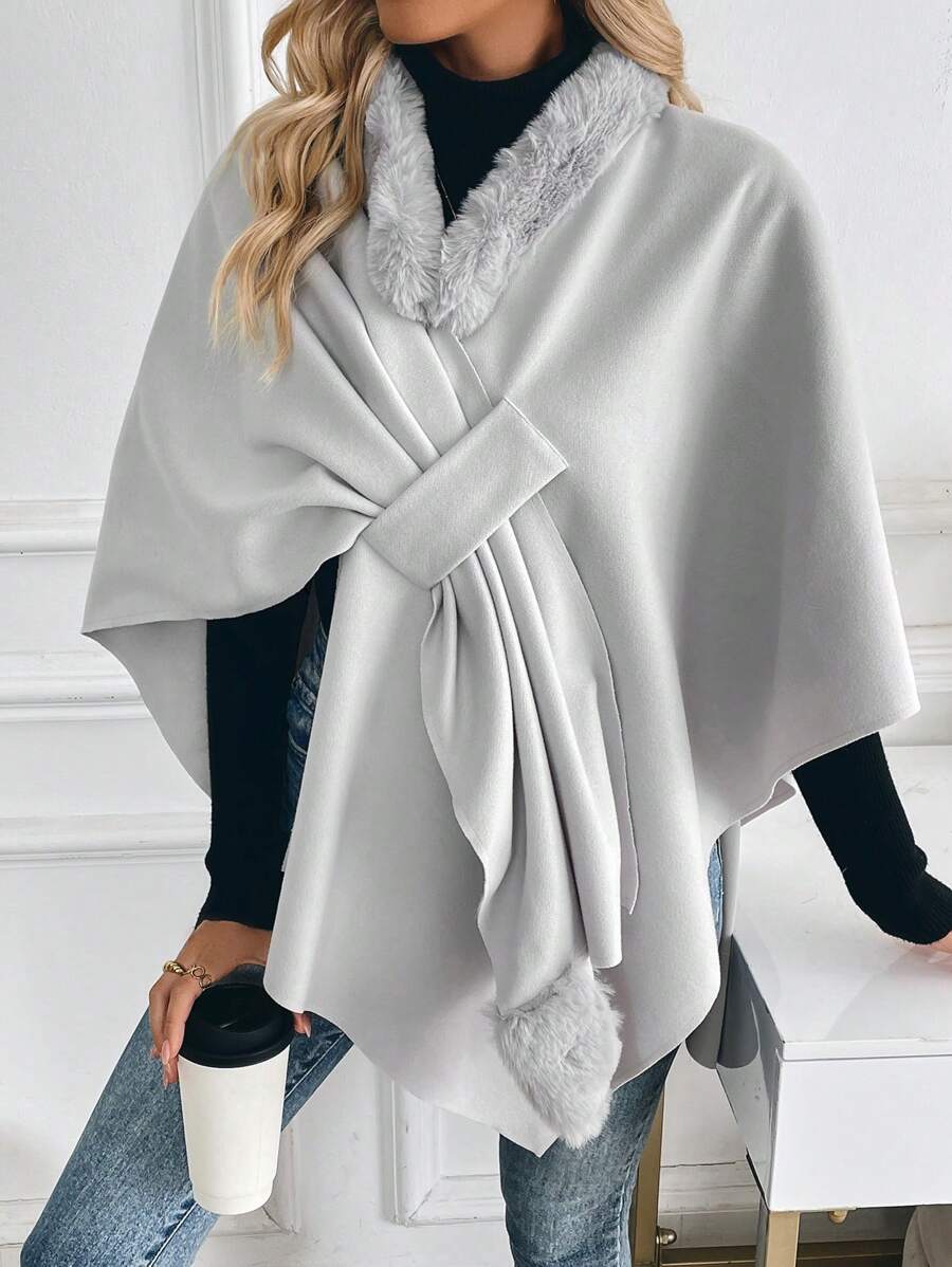 SHEIN Clasi Loose Sweater Coat With Fur Collar Cape Poncho
