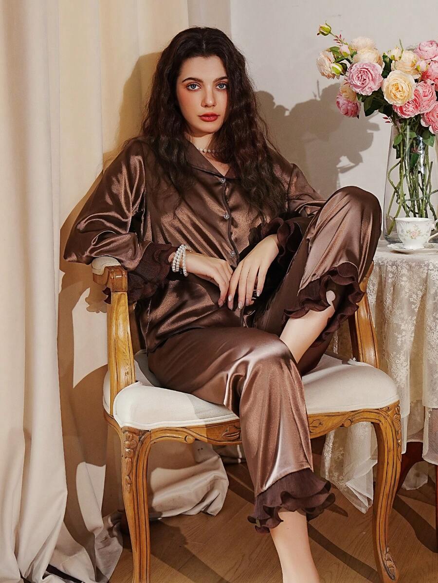 Côtesoire Conjunto de pijama de mujer de satén y encaje multicapa, ideal para temporada festiva y vacaciones