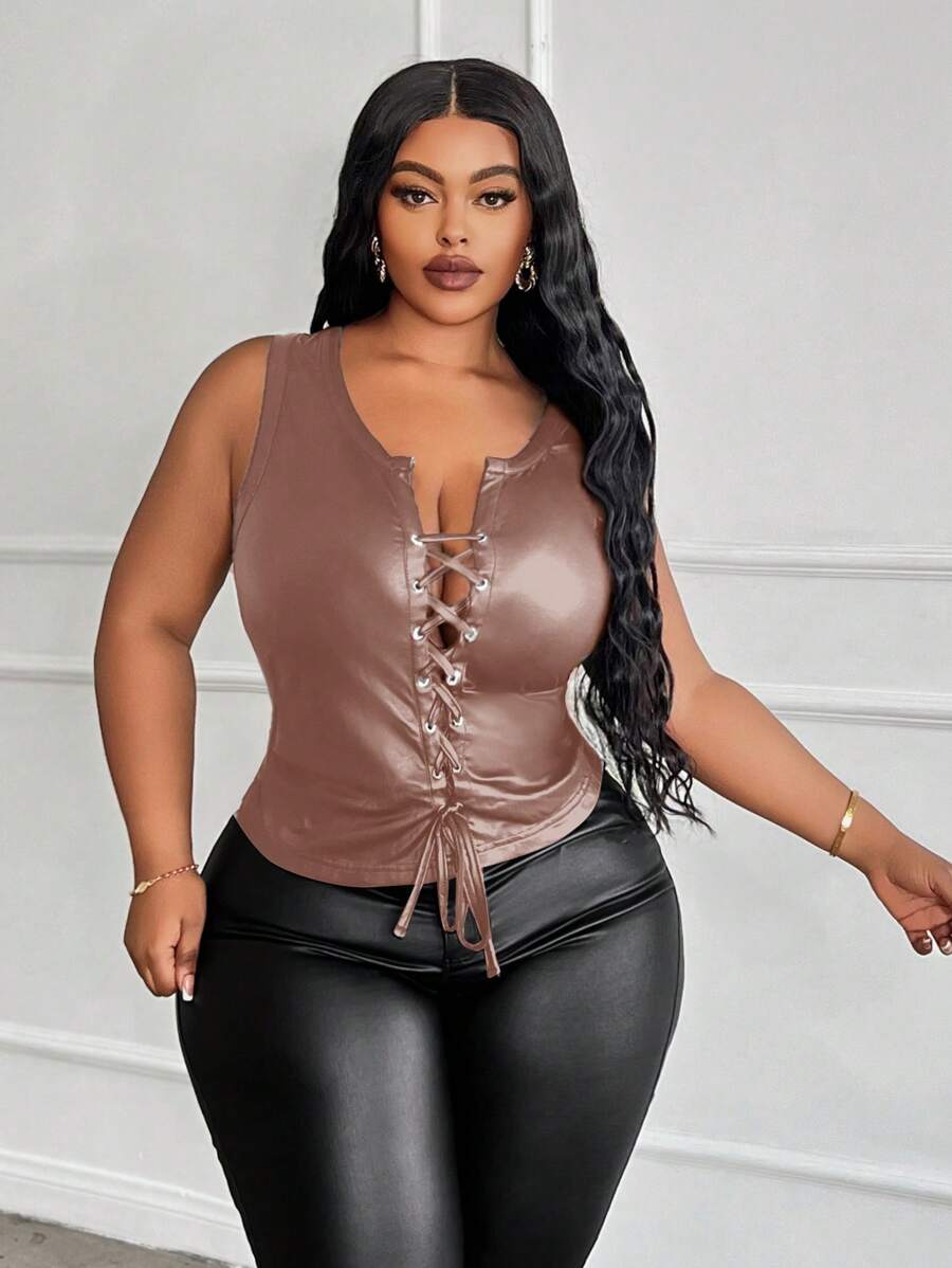 Slaydiva Plus Size Streetwear Seksowny Codzienny Uniwersalny Przód Wiązany Dopasowany Top PU, Czarny, Jesień