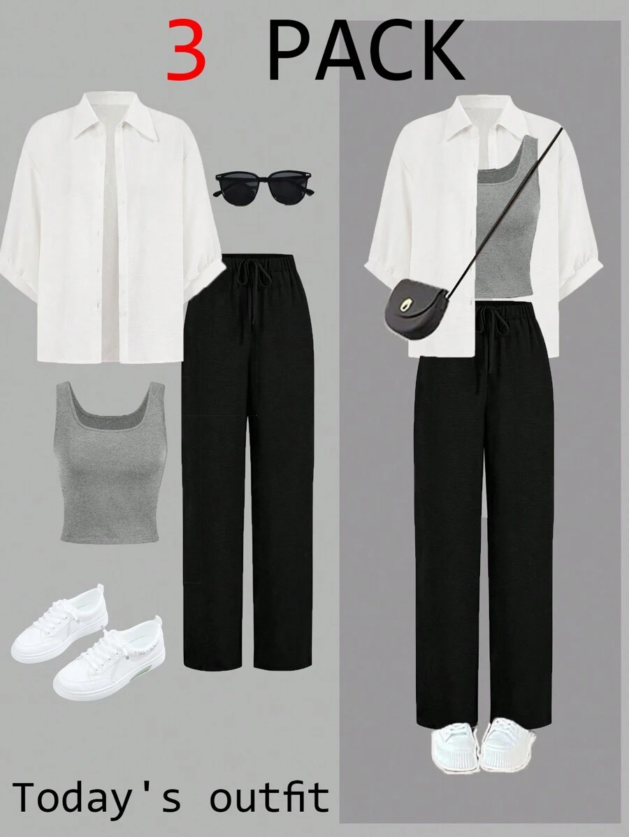 SHEIN LUNE Conjunto de 3 piezas de mujer a cuadros blancos y negros, que incluye camisa, traje y pantalones de pierna ancha, estilizador, nueva colección otoño 2024