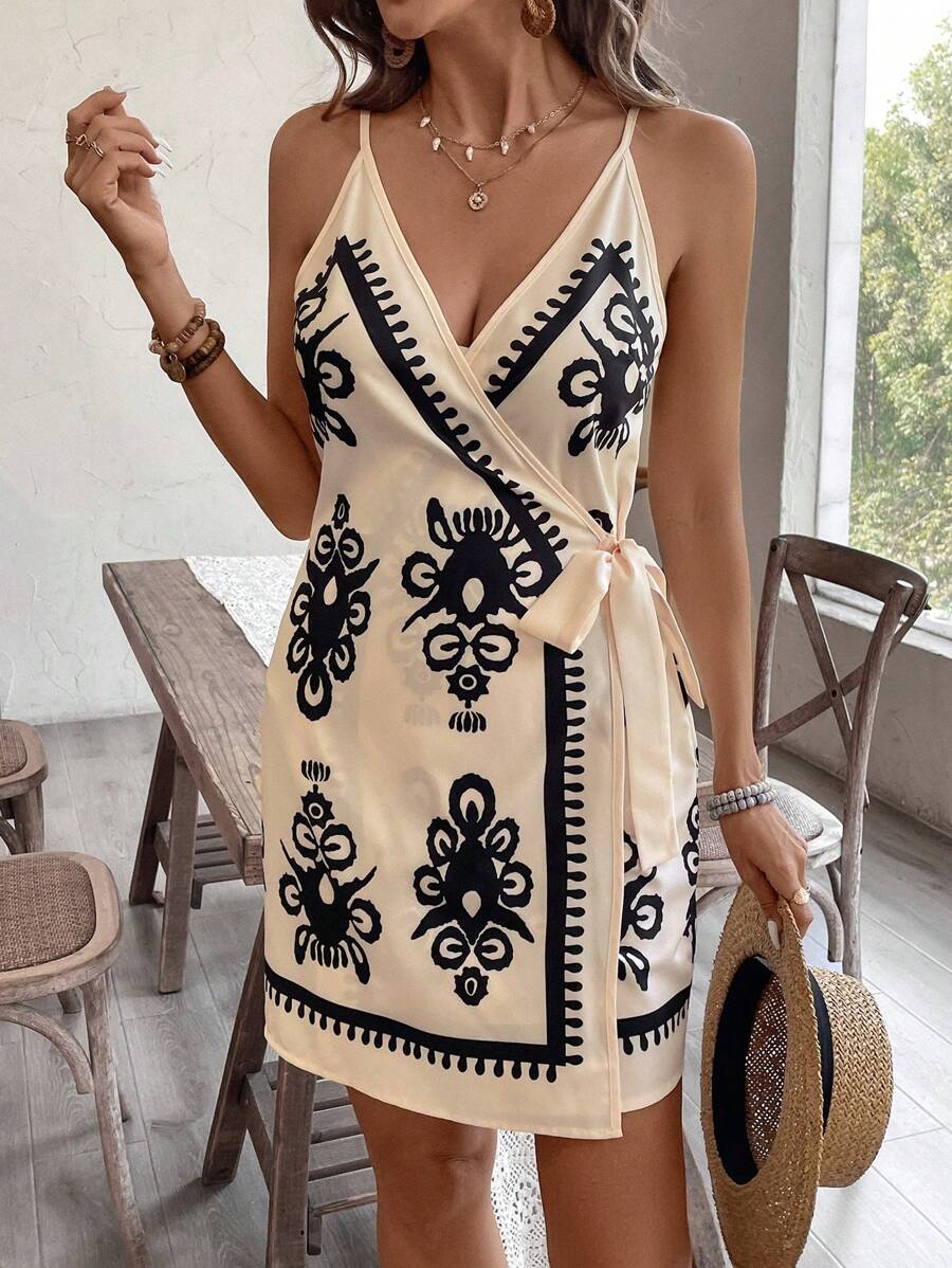 SHEIN VCAY Women's Floral Print Wrap With Knot Sleeveless Casual Dress, For Vacation
