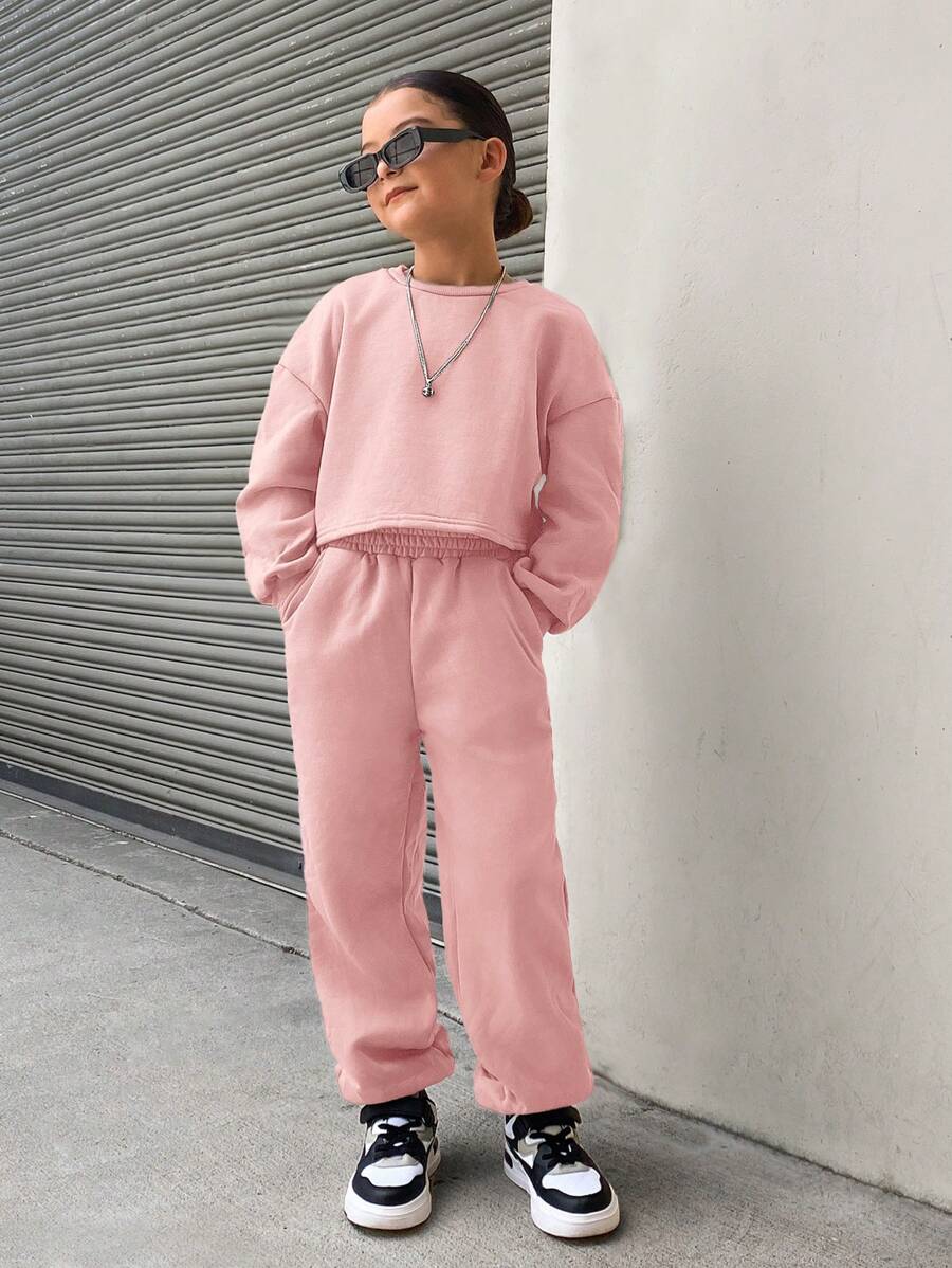 SHEIN Tween Girl Loose Solid Retro Cropped Crew Neck Hoodie And Sweatpants Casual 2 Pieces Set