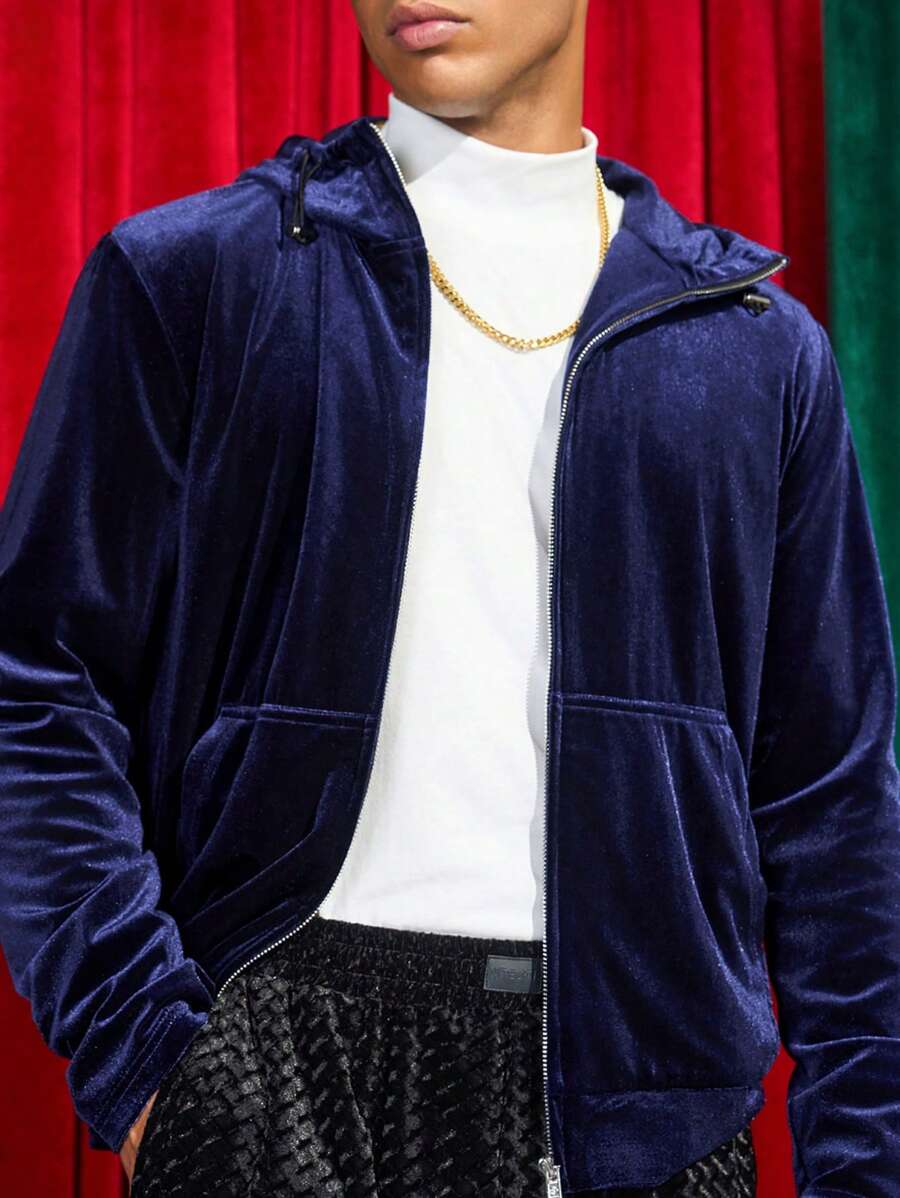 Manfinity VCAY Men's Casual Velvet Fabric Loose Fit Zip-Up Cardigan Jacket, Fashionable And Comfortable For Daily Wear