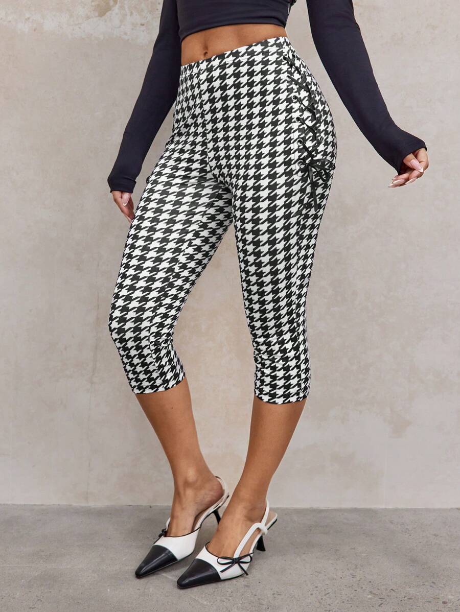 SHEIN SXY Autumn Winter Sexy Cute Bow Ribbon Houndstooth 3/4 Length Leggings