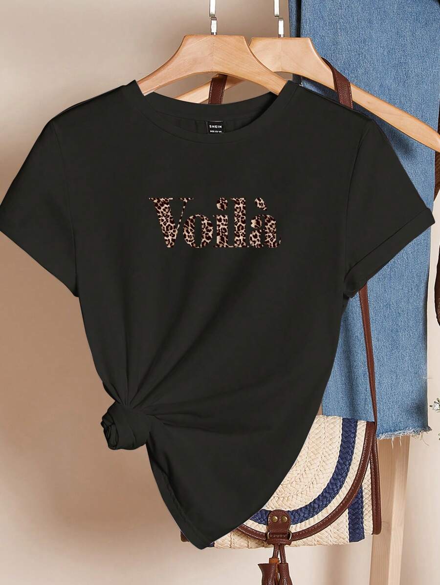 SHEIN Essnce Casual Oversized Voila Leopard Print Graphic Round Neck Short Sleeve T-Shirt For Women, Contains 34% Cotton, Summer