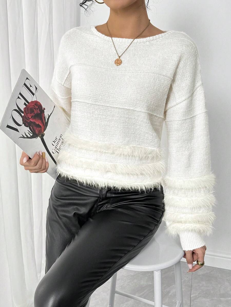 SHEIN LUNE Women Casual Solid Color Patchwork Fluffy Dropped Shoulder Loose Pullover Sweater