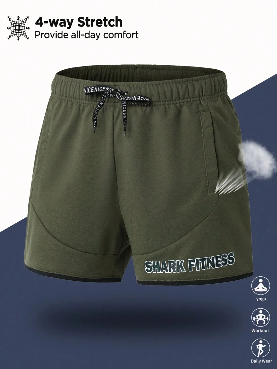 Manfinity Sport PWRUP WoBoyfriend Style Men Letter Print Tie Waist Casual Workout Athletic Shorts