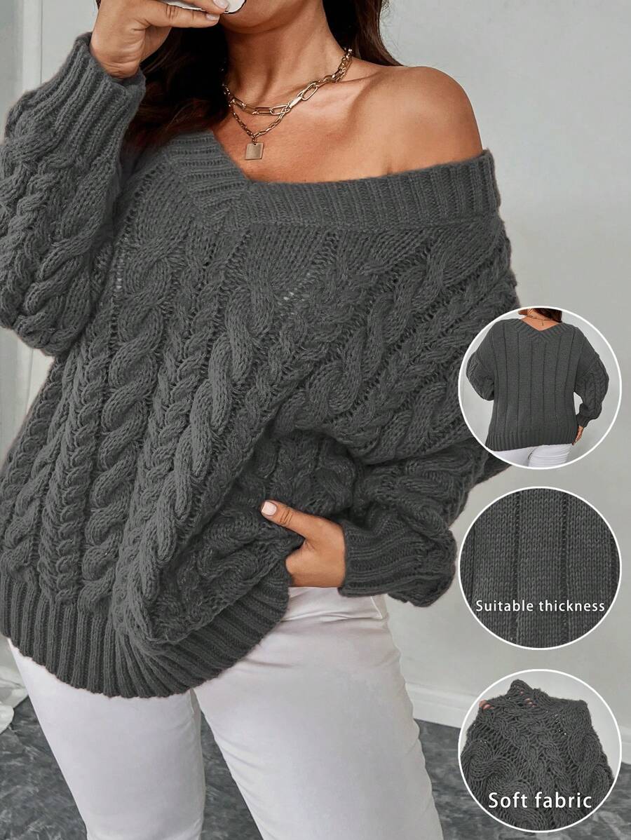 Celure Plus Size Dames Casual V-hals Kabel Gebreide Losse Trui, Geschikt Voor Herfst/Winter
