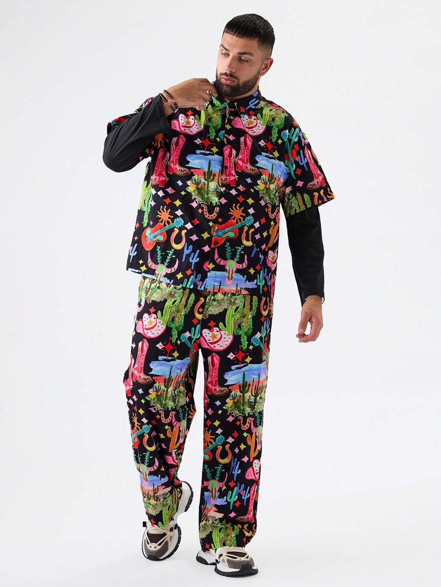 Manfinity NXTstreet Conjunto de 2 piezas de camisa de tejido y pantalones holgados con estampado de cactus y guitarra para hombre de talla grande