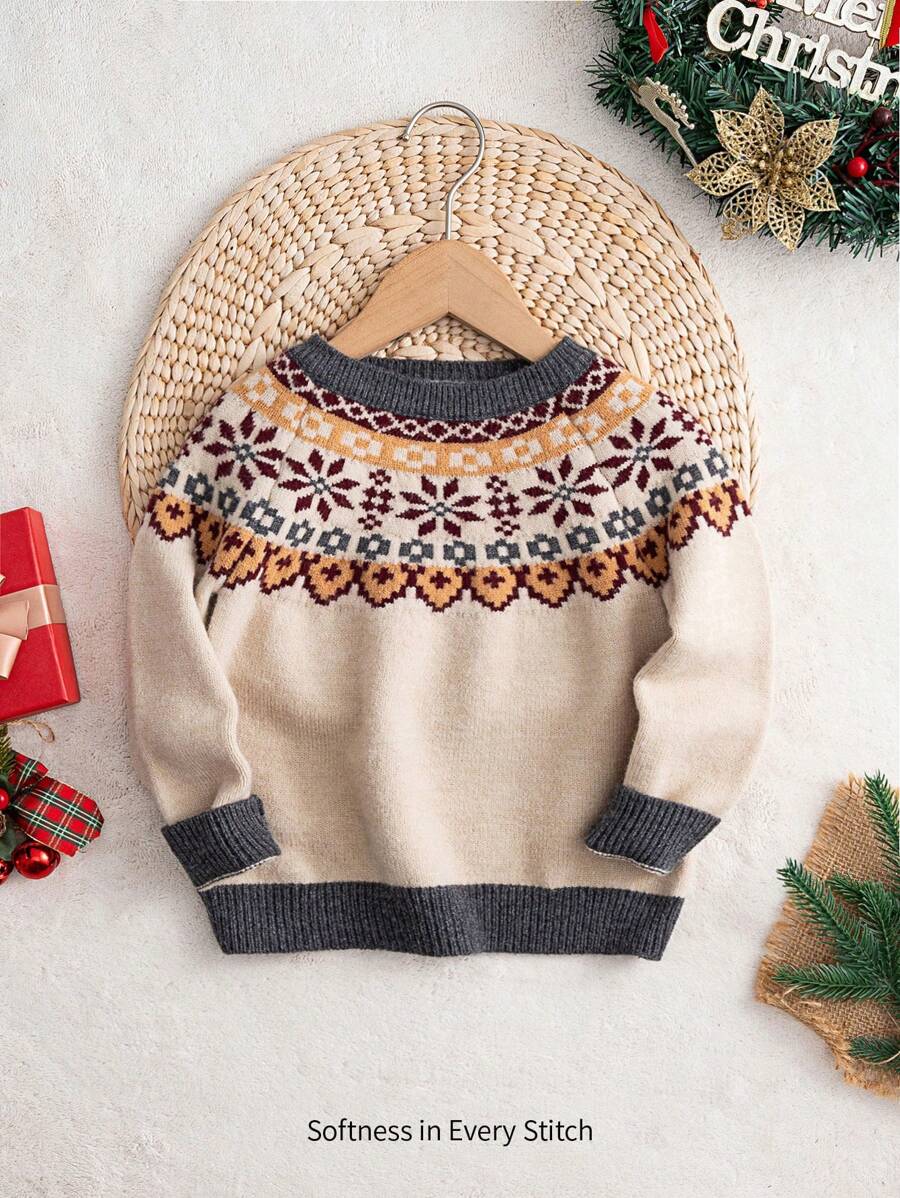 Cozy Pixies Young Boy Traditional Pattern Crew Neck Long Sleeve Christmas Sweater, Casual & Versatile For Autumn/Winter