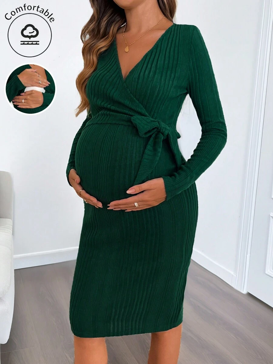 SHEIN 1pc Pregnant Women V-Neck Solid Color Long Sleeve Side Knot Fitted Elegant Dress, Autumn, For Maternity