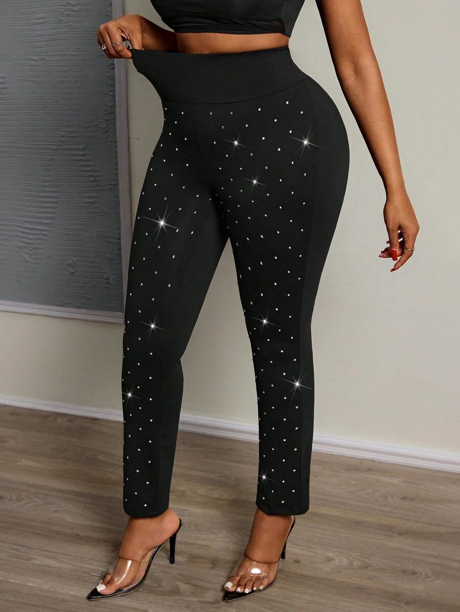 Slaydiva Plus Size Women Fashion High Waist Rhinestone Embellished Skinny Pants