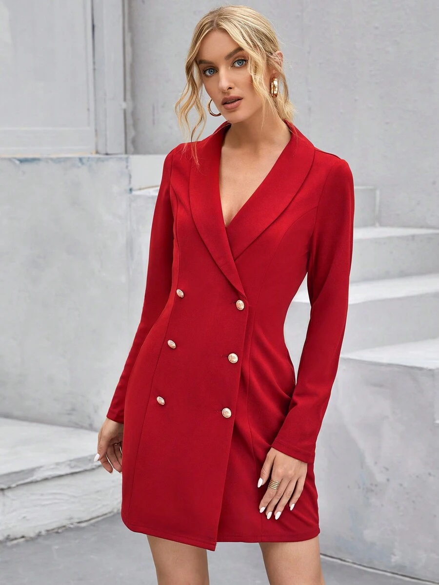 SHEIN Privé Robe blazer en tricot à double boutonnage, col cape, manches longues, couleur unie, pour femme, pour l'automne