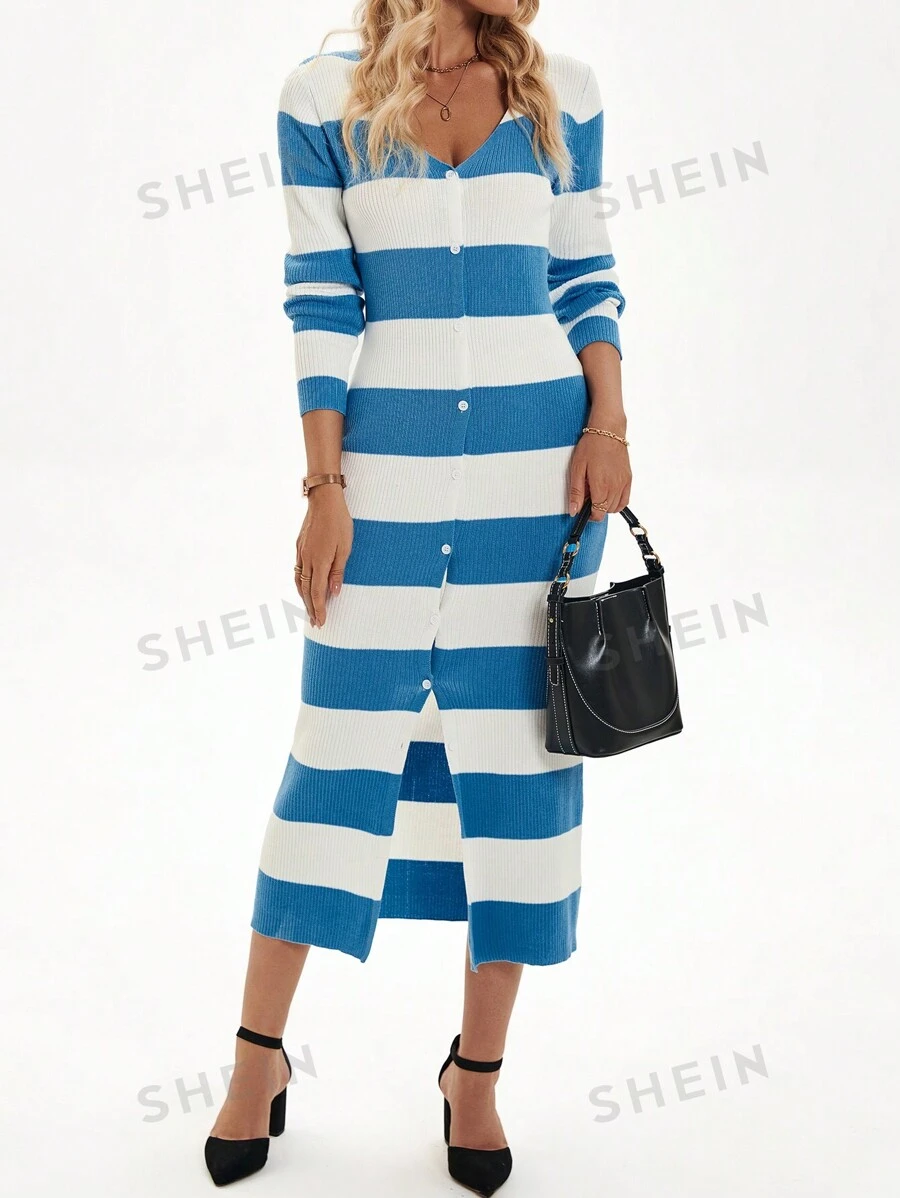 Calvaya Vestido elegante de manga larga con cuello en U y diseño oversize, unicolor, para otoño