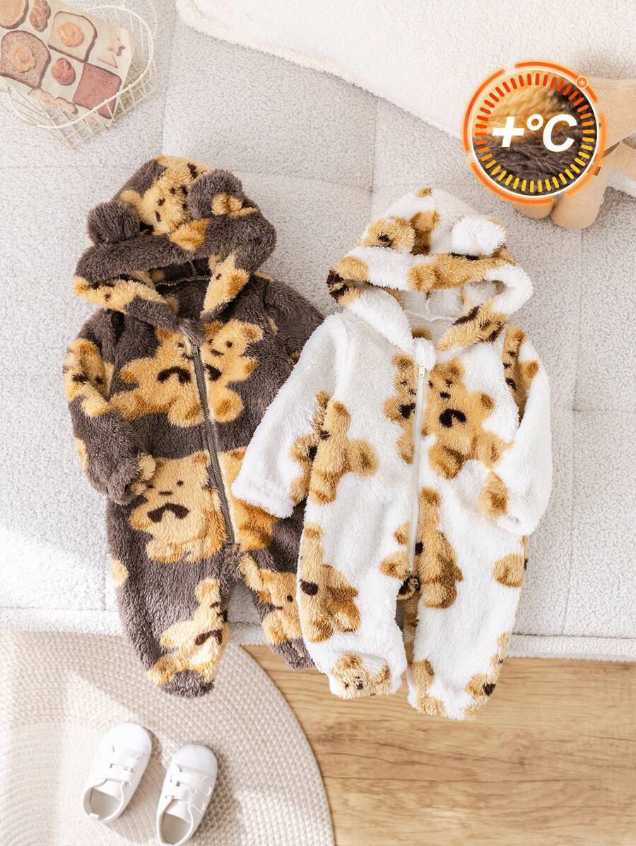 SHEIN Set de 2 piezas de Pelele con capucha estampado de osito de peluche suave y lindo para bebé recién nacido niño/niña, adecuado para uso en interiores y exteriores en otoño e invierno