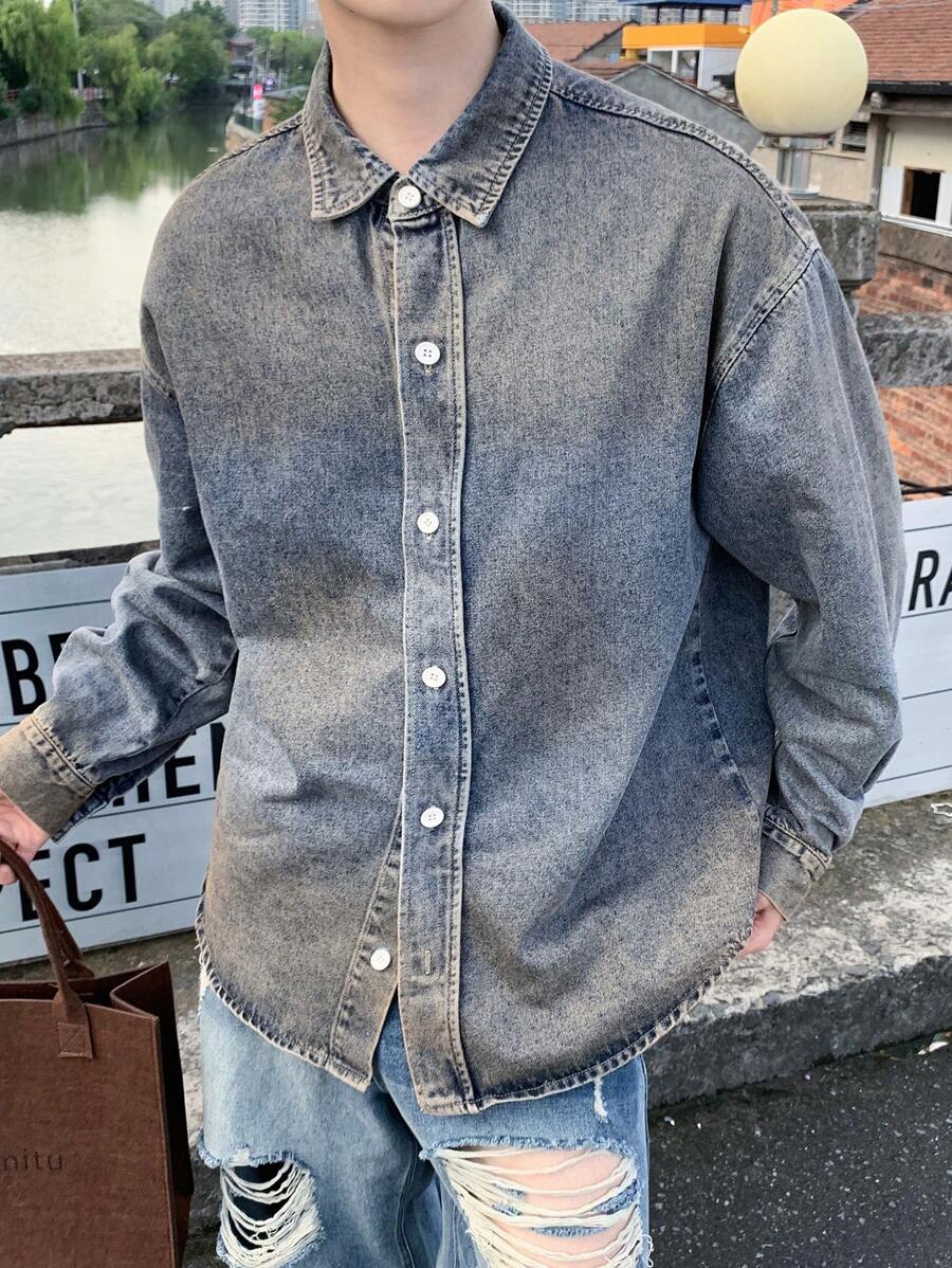 Manfinity Hypemode Men's Washed Navy Loose Fit Drop Shoulder Distressed Designer Button Up Long Sleeve Denim Shirt, For Party, Friends