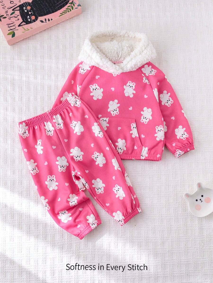 Cozy Pixies 2 pezzi/Set, maglioncino con cappuccio e pantaloni jogger, stampa coniglietto per bebè ragazza, abbigliamento invernale foderato termico