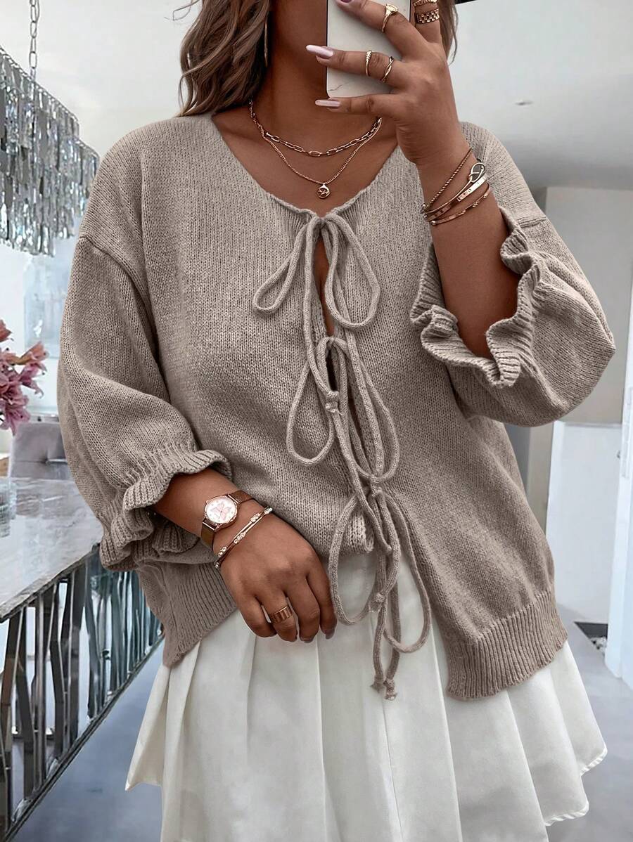 Calvaya Plus Size Women Cardigan Sweater With Tie Detail, New For Autumn/Winter
