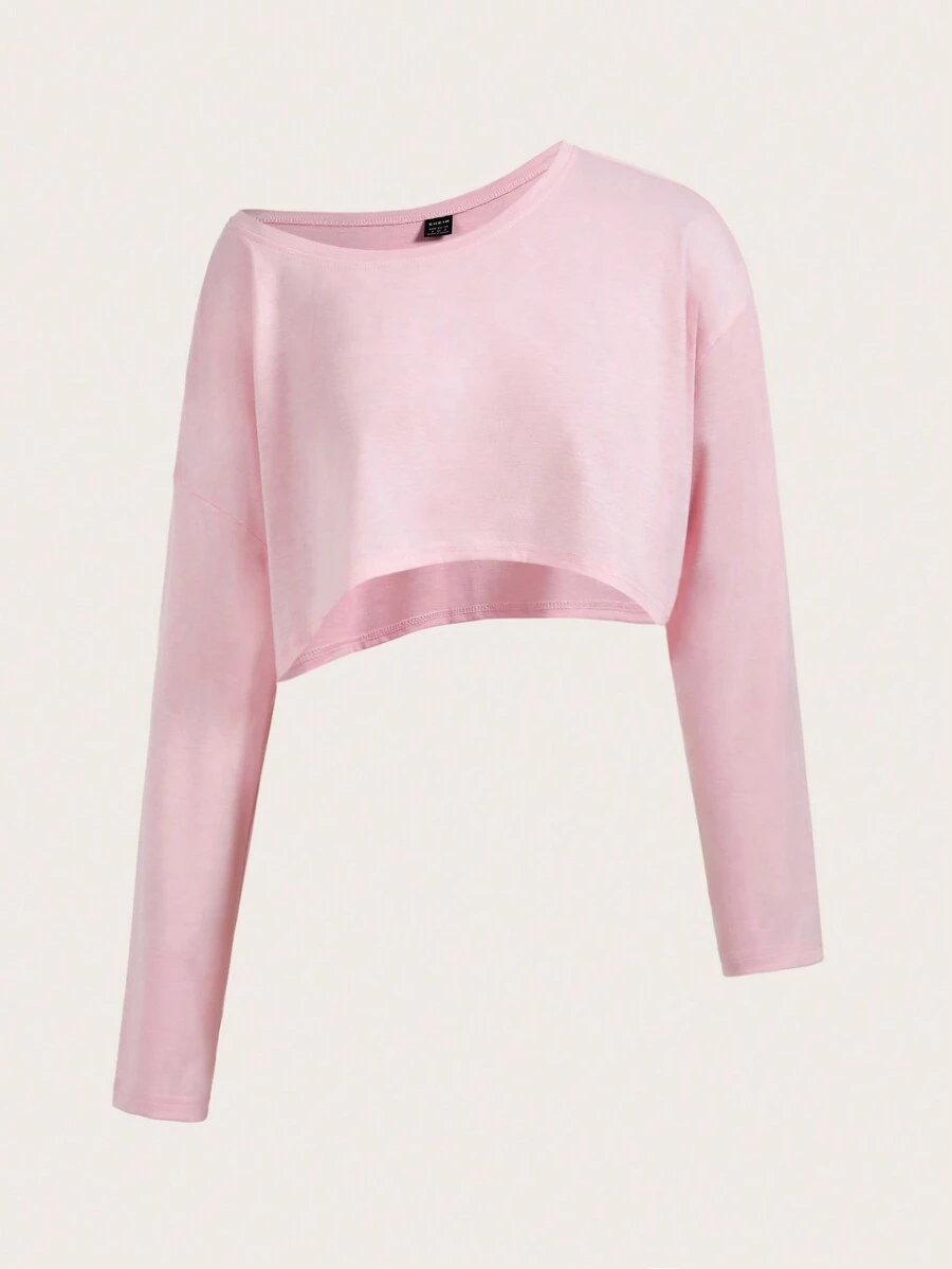 SHEIN Sport Gameset Maglietta sportiva casual da donna con colletto e orlo asimmetrici, tinta unita
